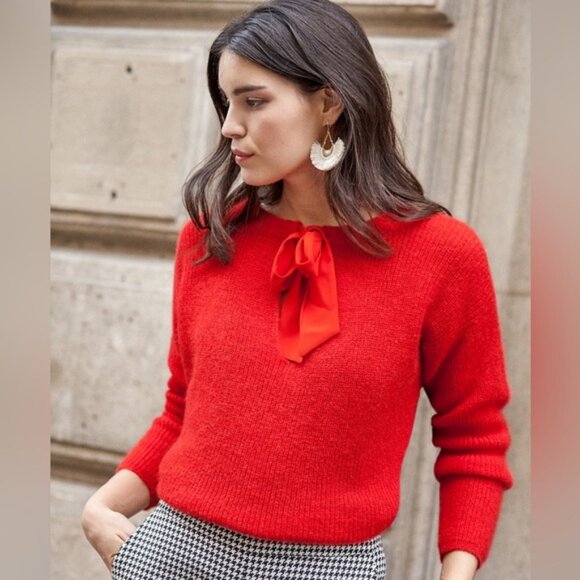 Sezane Cooper Mohair Alpaca Tie Neck Sweater Red Womens Size Medium French Knit - Picture 14 of 14